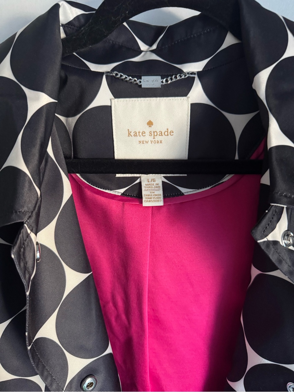 Kate Spade Black & White Polka Dot Coat with Hot Pink Lining